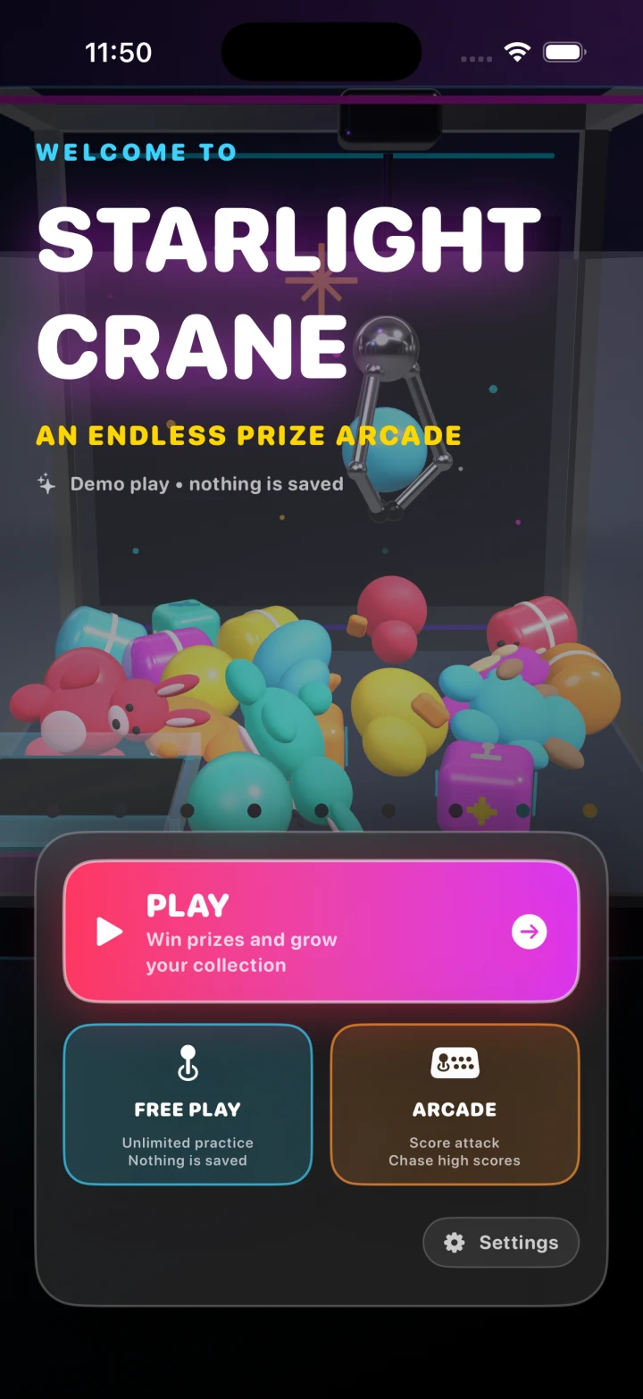 Starlight Crane main menu showing Play, Free Play, and Arcade modes