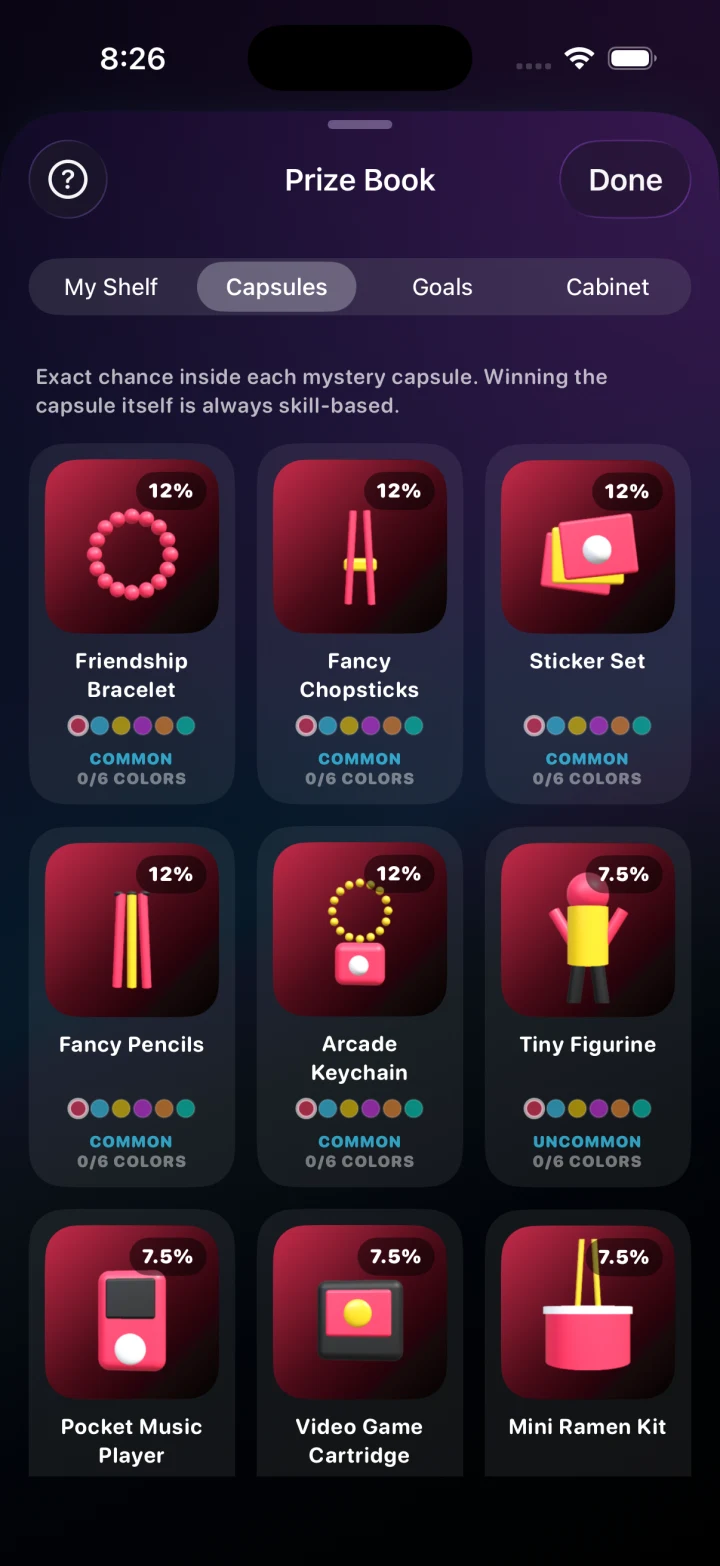 Prize Book capsule catalog with collectibles, colors, and exact odds